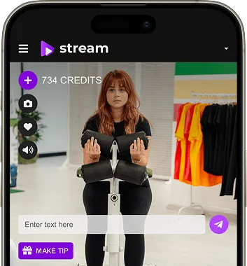 The image shows a smartphone interface for a streaming app, featuring a user lifting weights indoors with colorful shirts in the background.