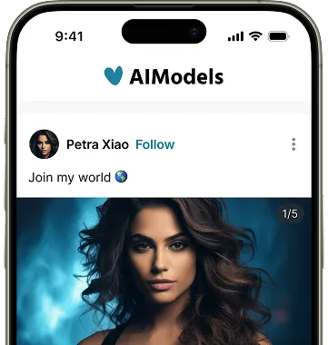 A smartphone screen displays the AIModels app with a post from user Petra Xiao inviting others to join her world.