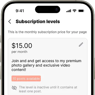 Screenshot of a mobile app showing subscription details: $15/month for access to premium photo gallery and videos, with 10 posts available.