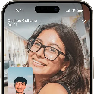 A smartphone screen displaying a video call interface with a person’s profile image and the name "Desirae Culhane" at the top.