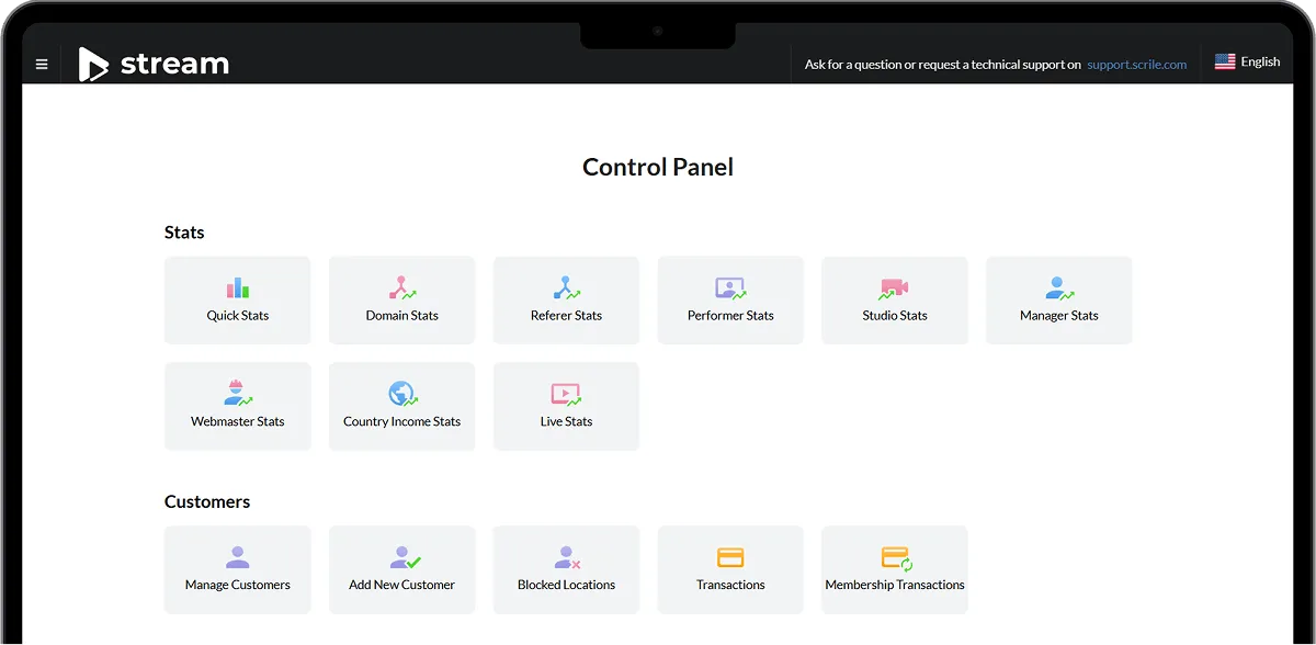 Scrile Stream admin control panel for PPV event management
